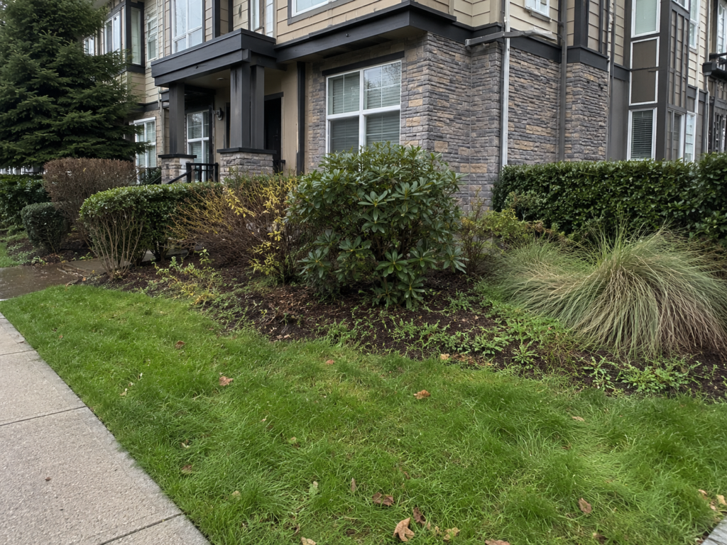 Overgrown townhouse landscaping with weeds, uneven lawn edges and untrimmed shrubs before maintenance.