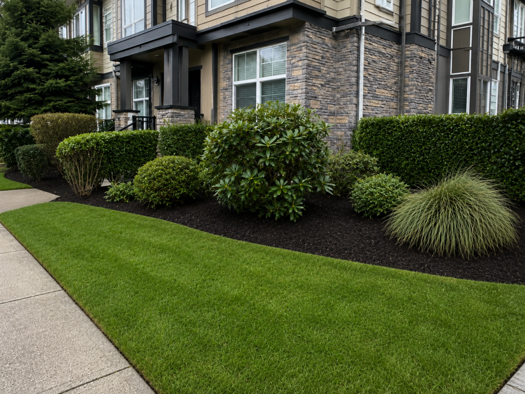 Professionally maintained townhouse landscaping with trimmed shrubs, fresh mulch and a neatly edged lawn.