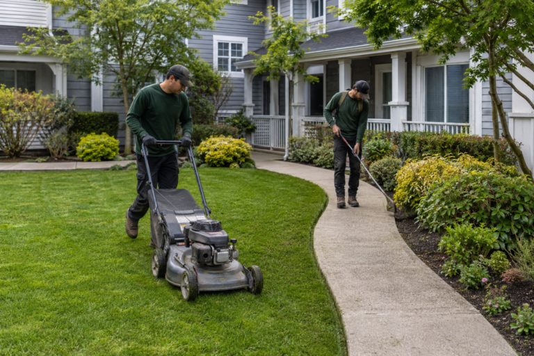 Professional lawn mowing and edging in progress at a Metro Vancouver property