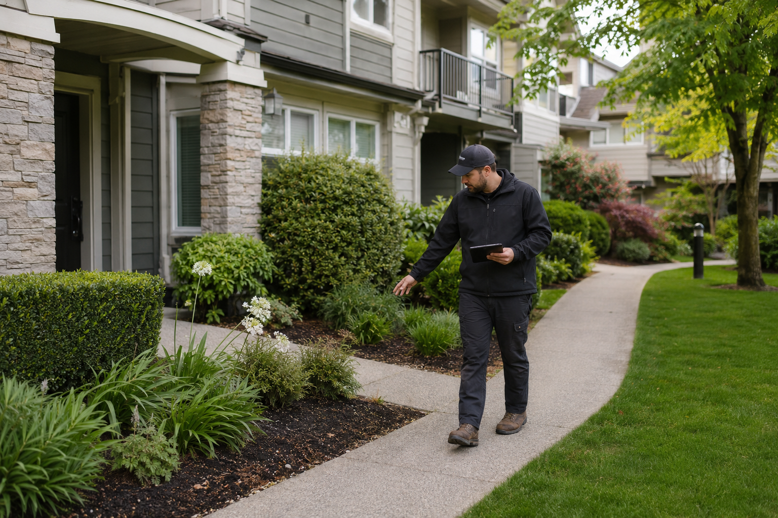 Landscape professional inspecting garden beds at a managed property.