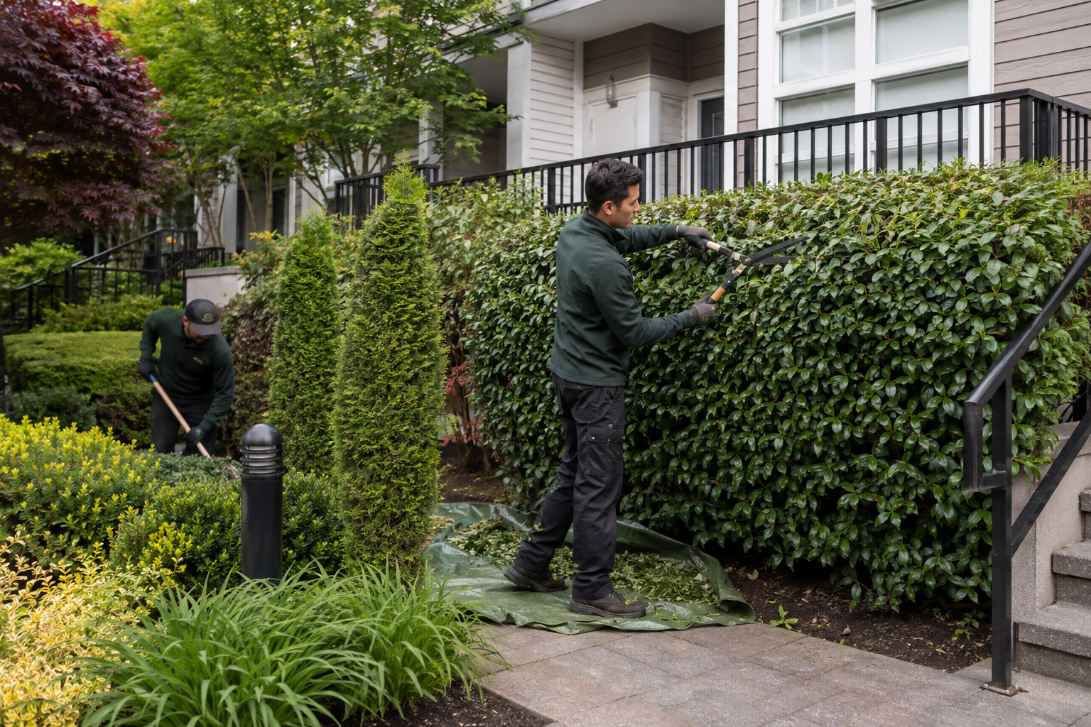 Professional hedge and shrub trimming in progress at a Metro Vancouver property