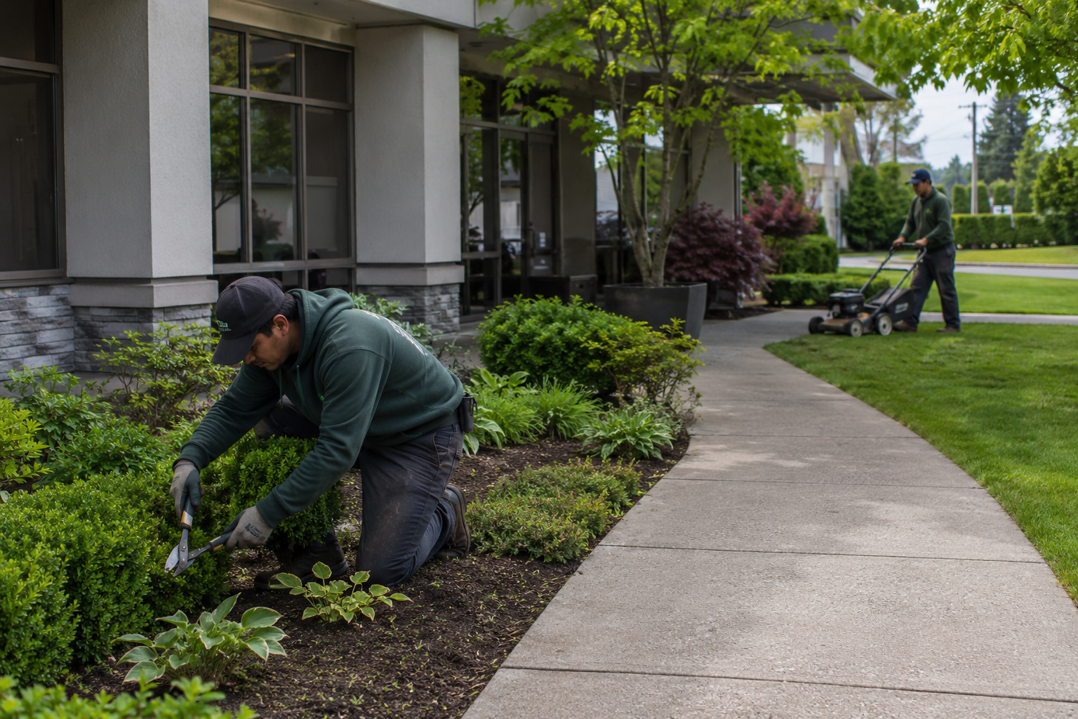 Landscaping crew maintaining a commercial property in Metro Vancouver