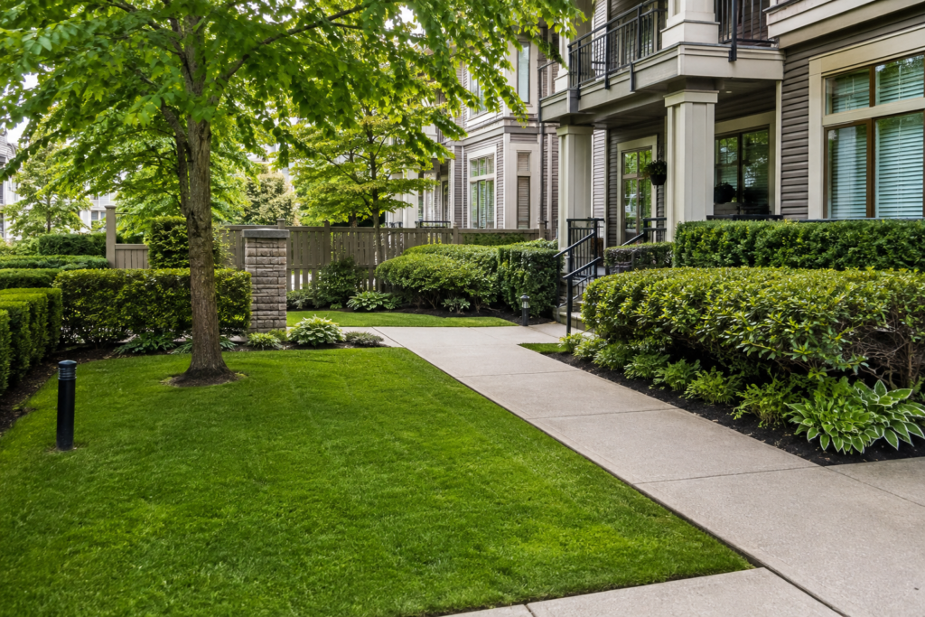 Townhouse courtyard maintained by Basilscape with lawn, trimmed hedges, and shared walkway