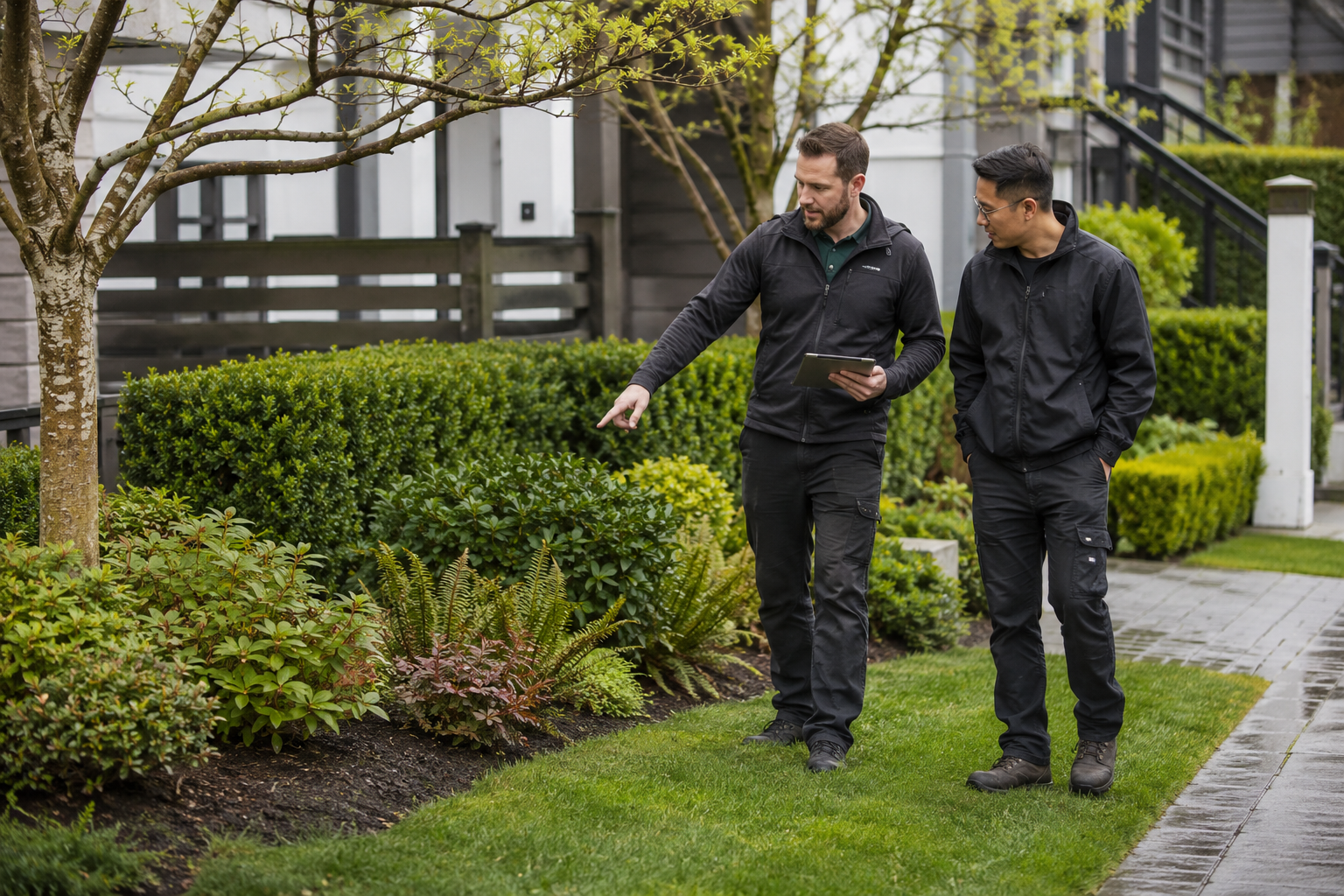 Landscaping professionals reviewing shrubs and garden beds at a multi-unit residential property
