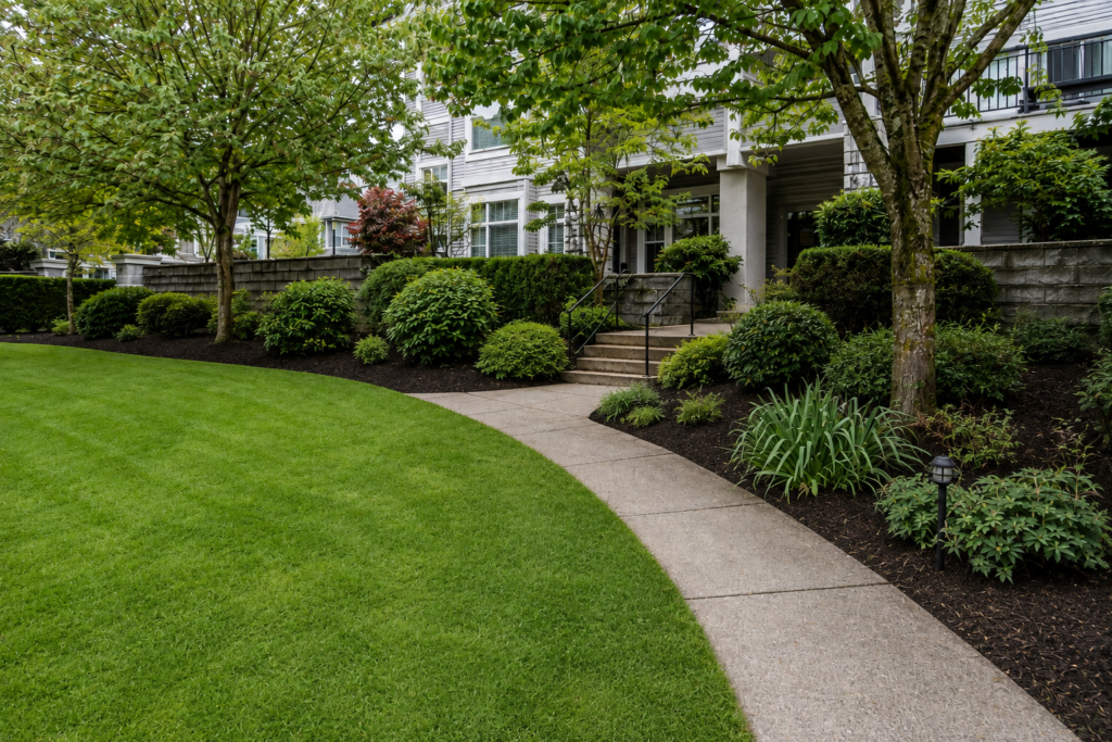 Strata lawn and garden beds after landscaping cleanup and maintenance