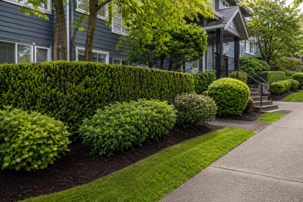Hedges and shrubs trimmed by Basilscape along a multi-unit residential walkway