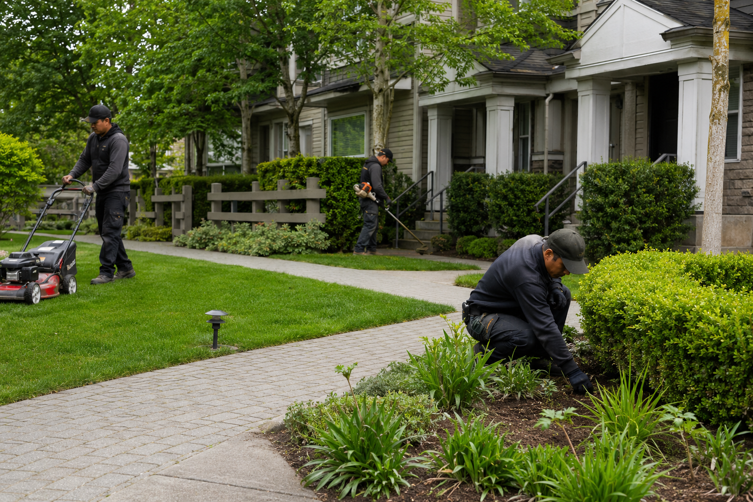 Landscaping crew maintaining a strata property in Metro Vancouver