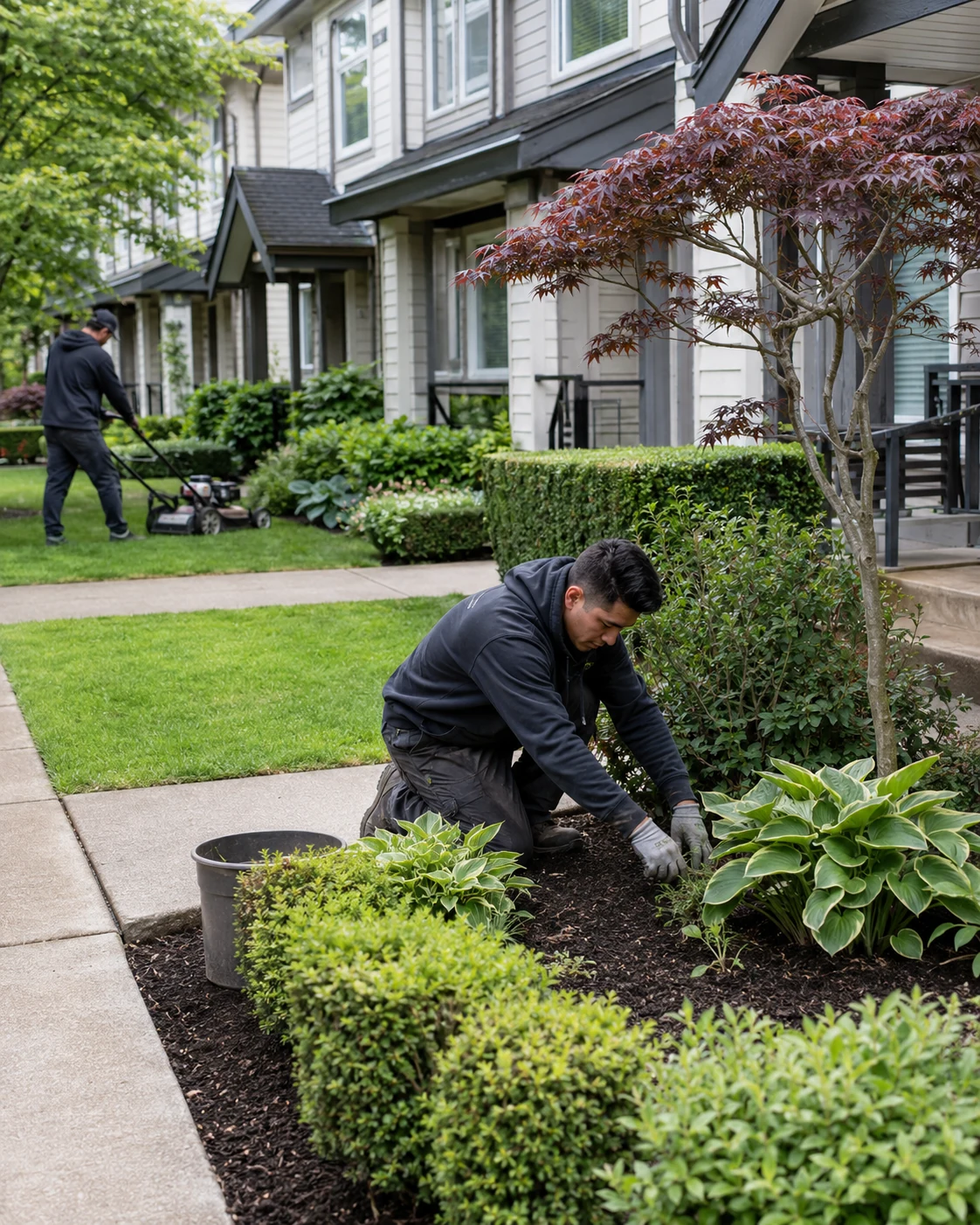 Landscaping crew maintaining garden beds and lawn areas at a managed residential property.