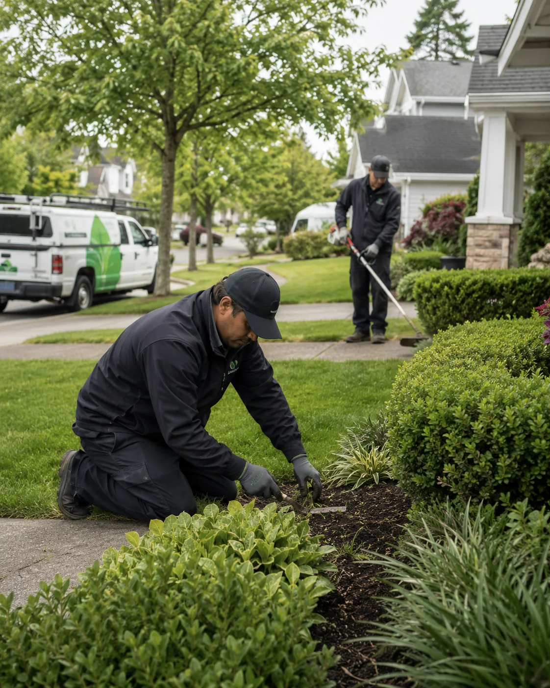 Basilscape landscaping crew maintaining garden beds at a residential property