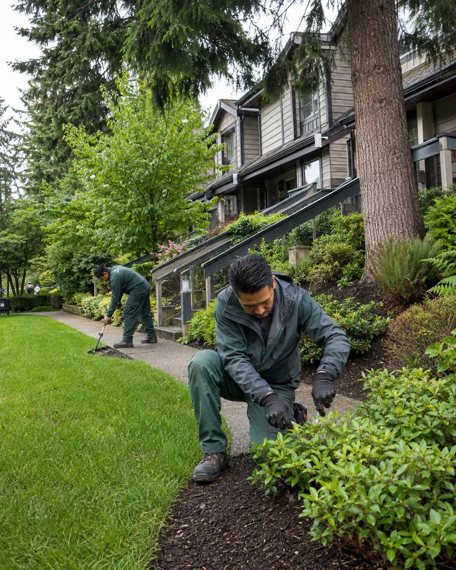 Landscaping crew maintaining garden beds at a townhouse property.