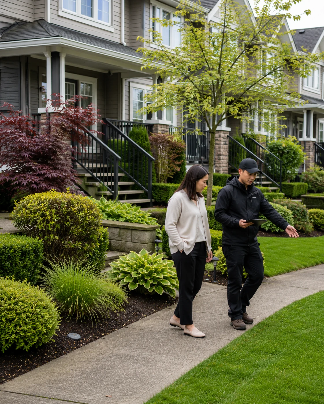 Two people reviewing landscaped grounds at a managed residential property.