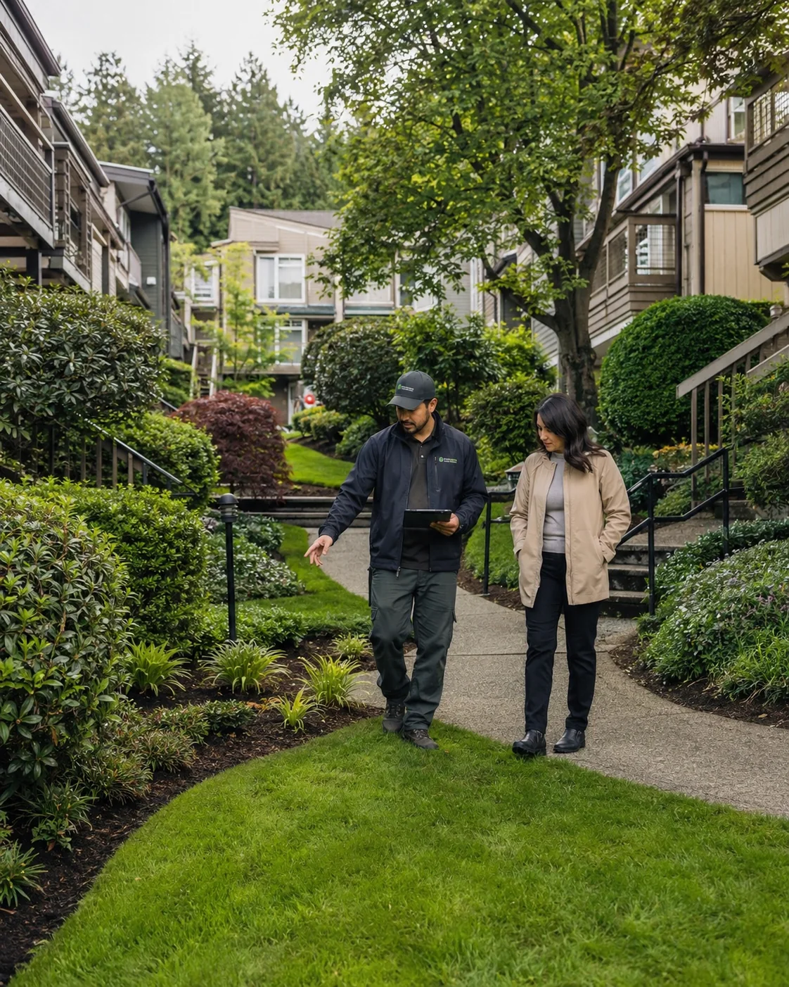Landscaping professional walking through maintained garden areas at a managed residential property.