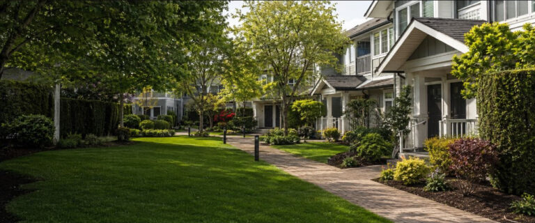 Shared lawn and garden borders beside a path through townhouse grounds