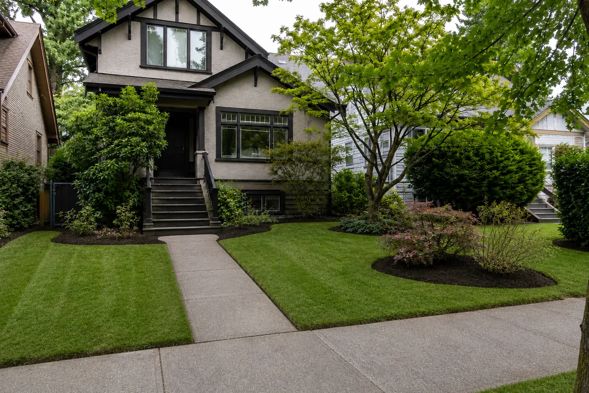 Residential front yard after landscaping work, with maintained lawn and defined garden beds