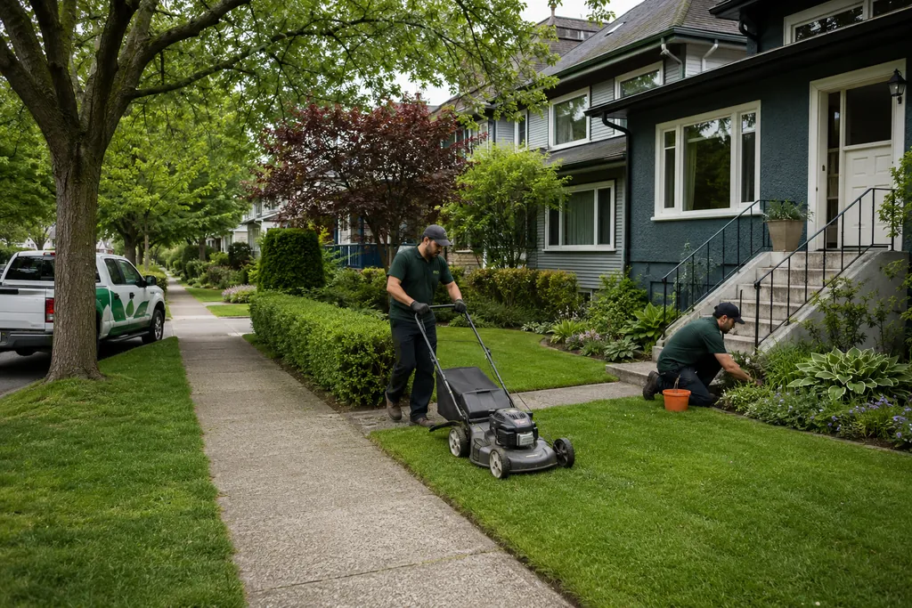 Basilscape staff mowing a lawn and maintaining a garden bed at a residential property