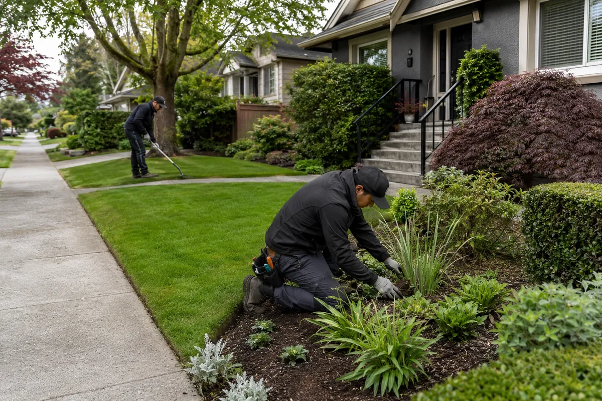 Basilscape staff maintaining a lawn and garden bed at a residential property
