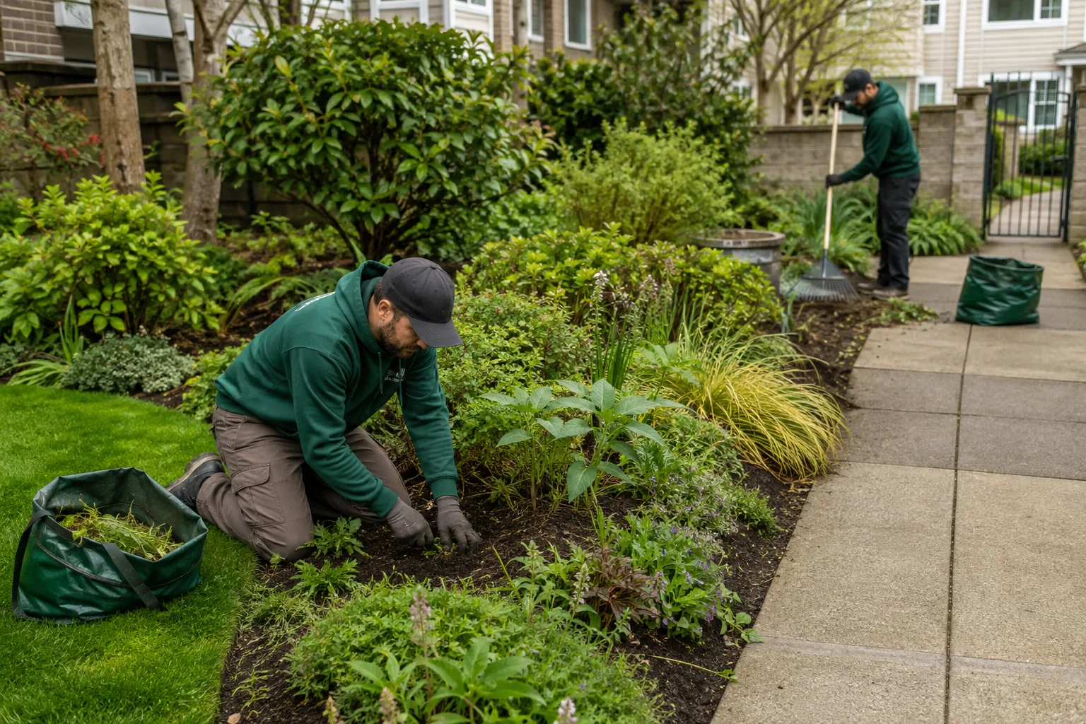 Professional garden-bed maintenance and weeding in progress at a Metro Vancouver property
