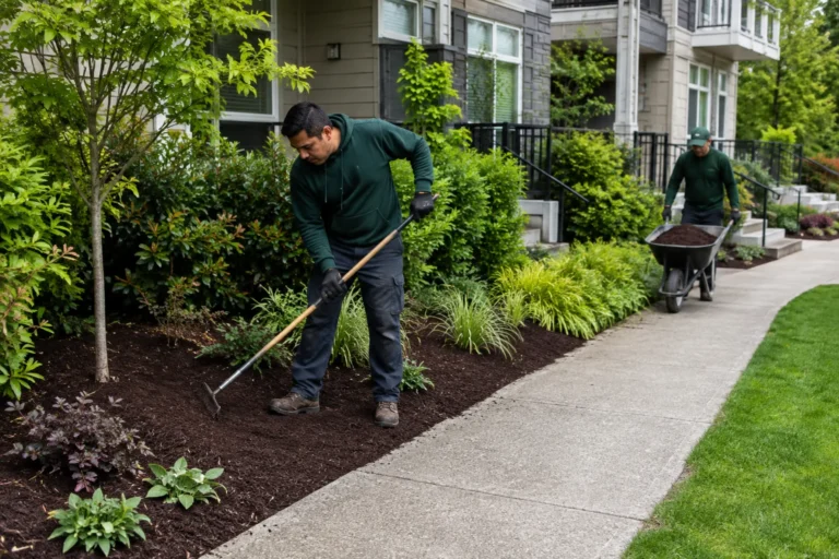 Landscapers spreading mulch in garden beds beside a residential walkway