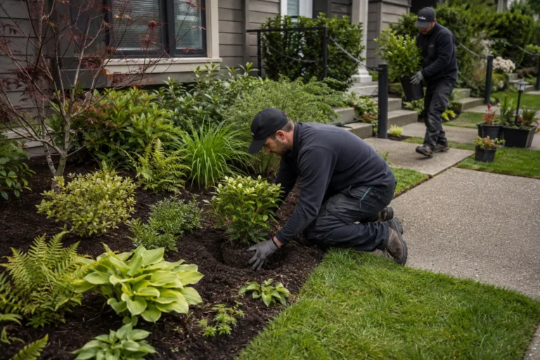 Landscapers installing shrubs in a residential garden bed