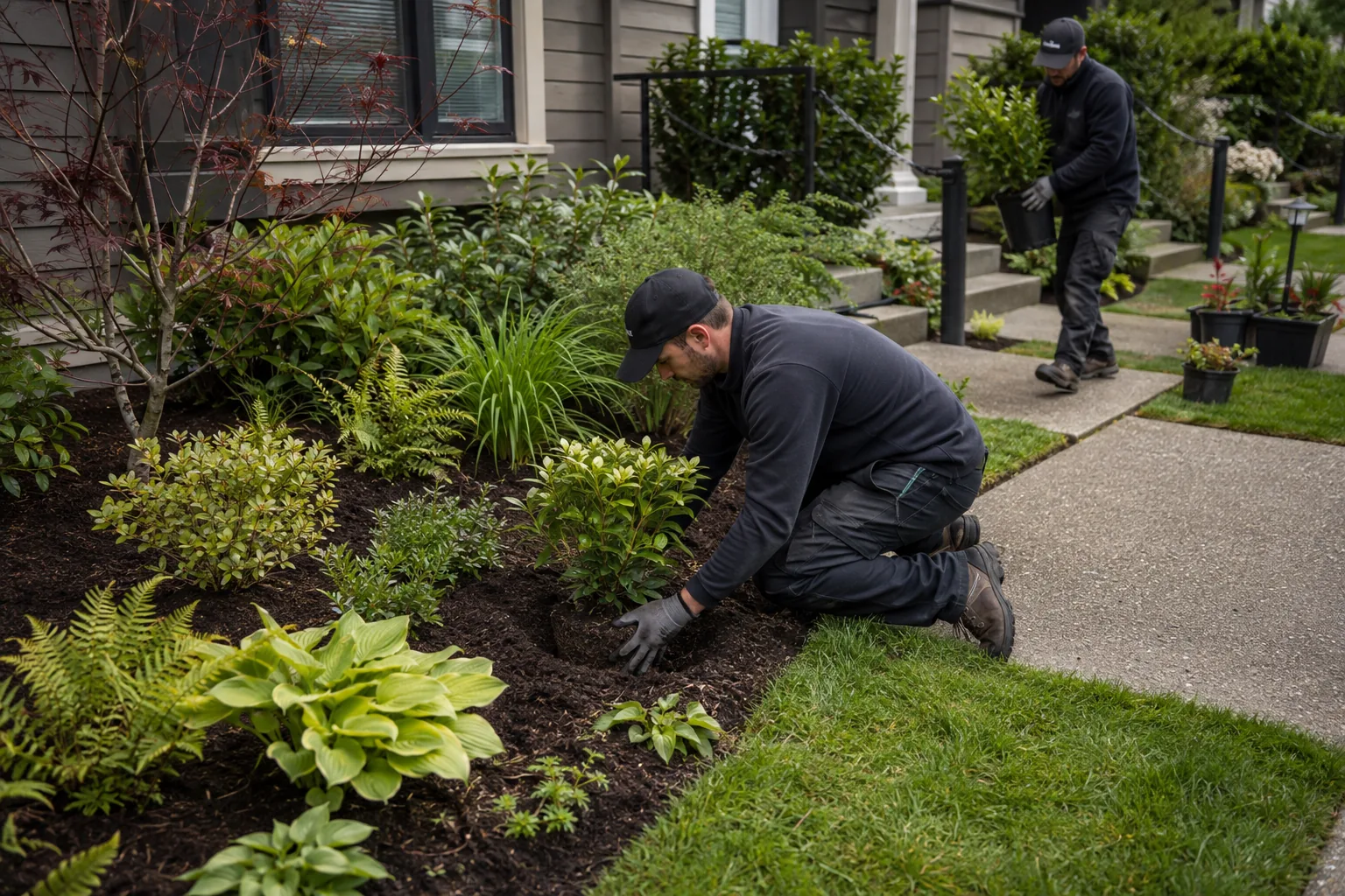 Landscapers installing shrubs in a residential garden bed