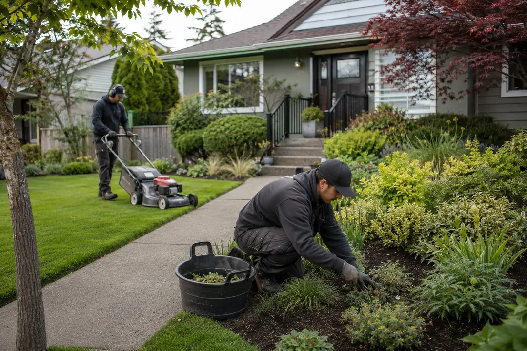 Landscape maintenance work on a residential lawn and garden bed.