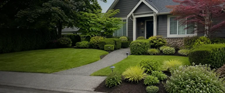 Home entrance with a lawn, shrubs and established garden beds