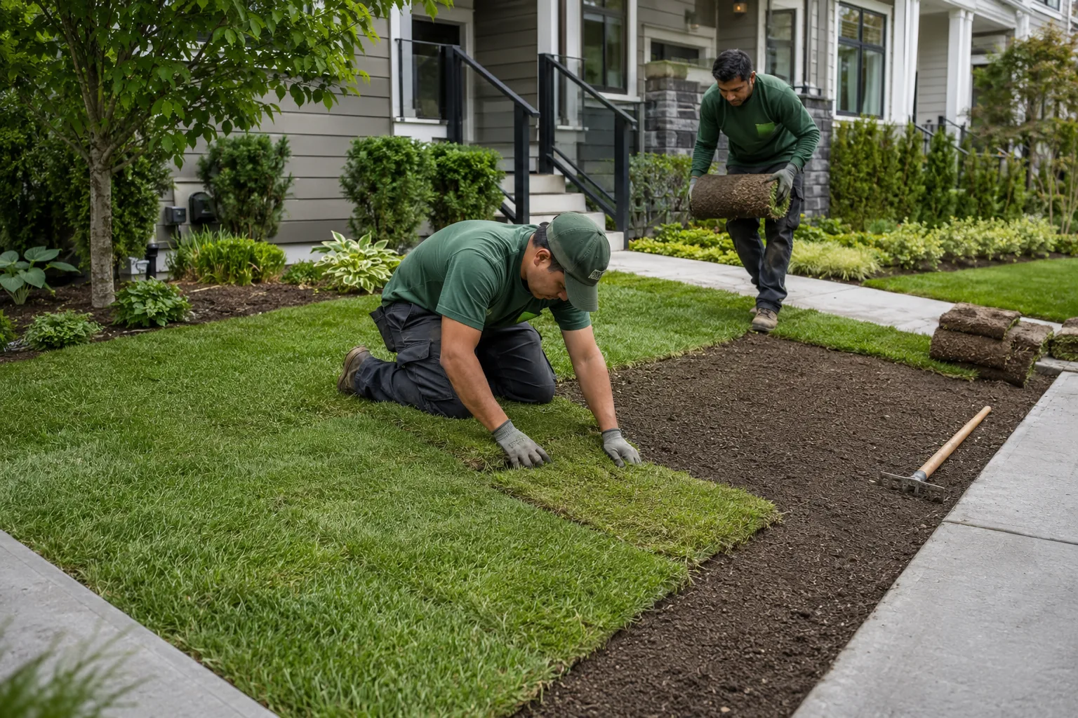 Landscaping crew installing new sod at a Metro Vancouver property