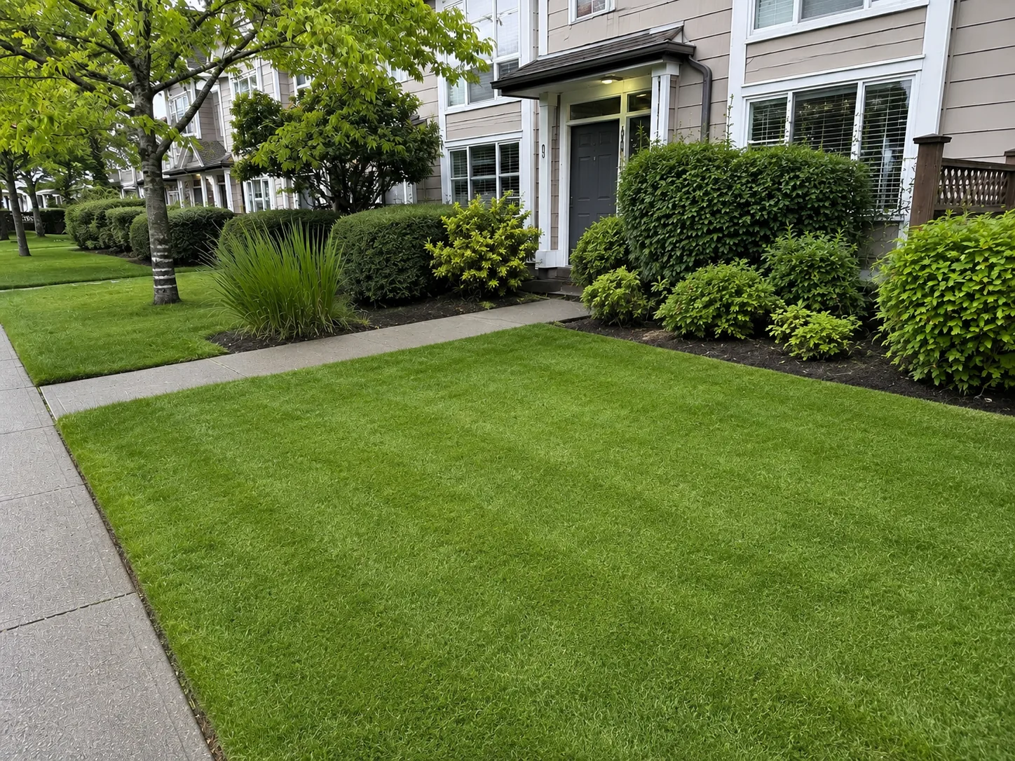 Surrey townhouse landscaping after maintenance, with clean lawn edges and tidied garden beds.