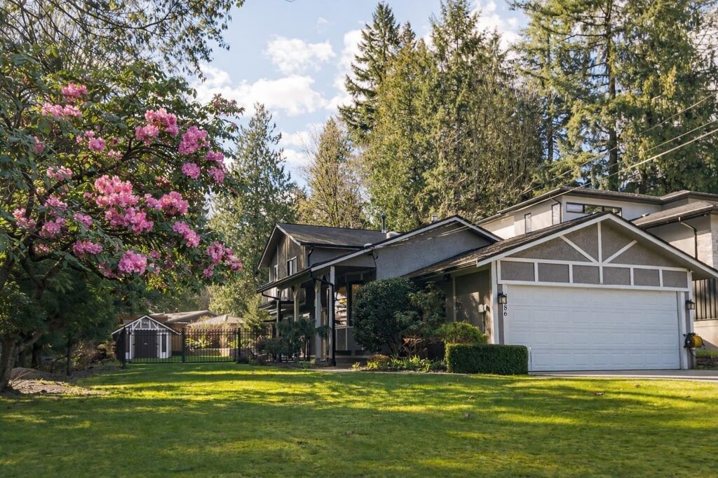 Residential property with lawn, mature trees, and established landscaping