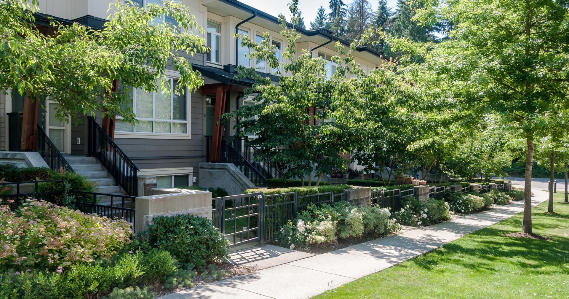 Townhouse landscaping with shared lawns, trees, and garden beds