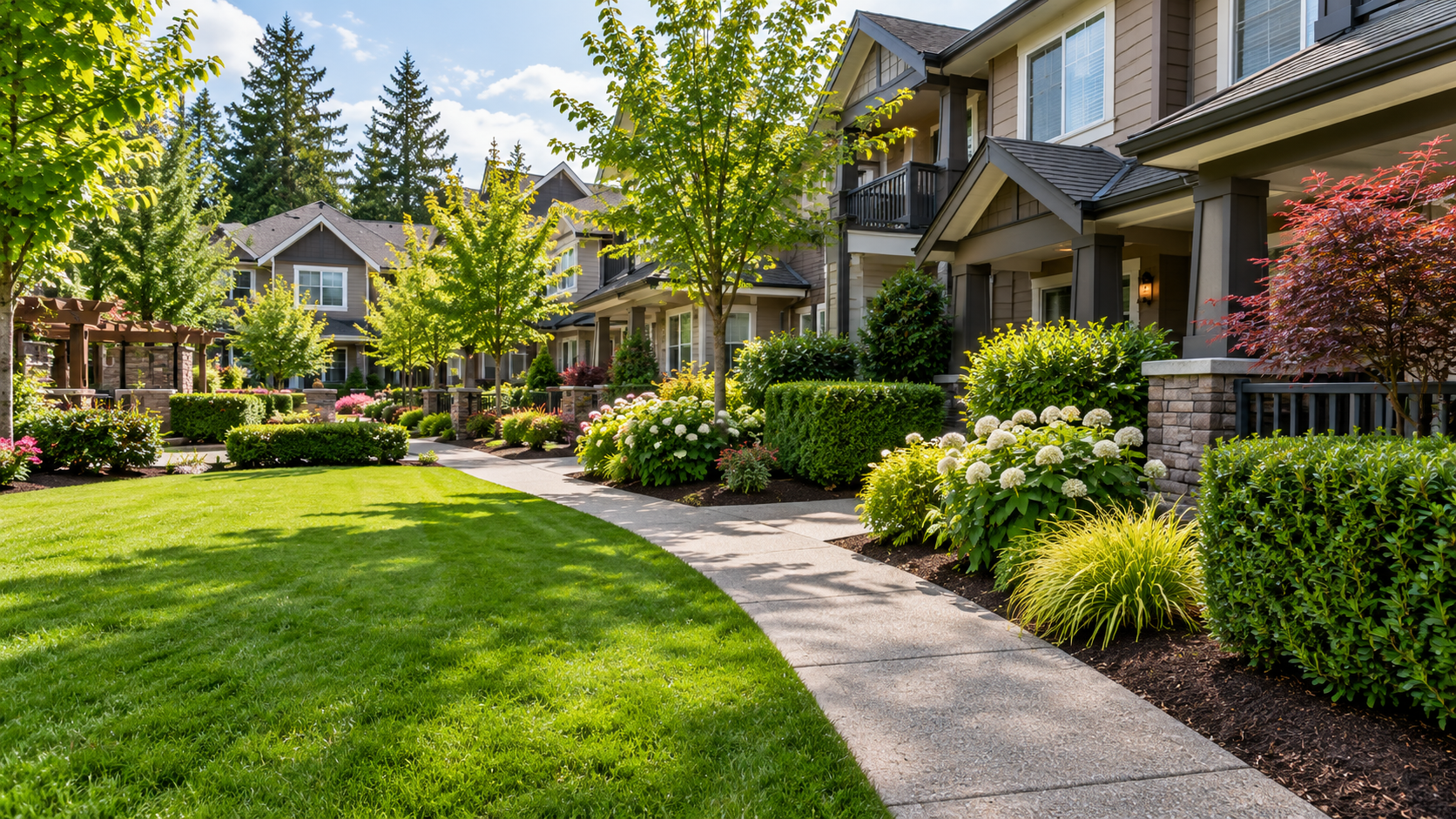 Townhouse courtyard with lawn, landscaped beds, and a shared path