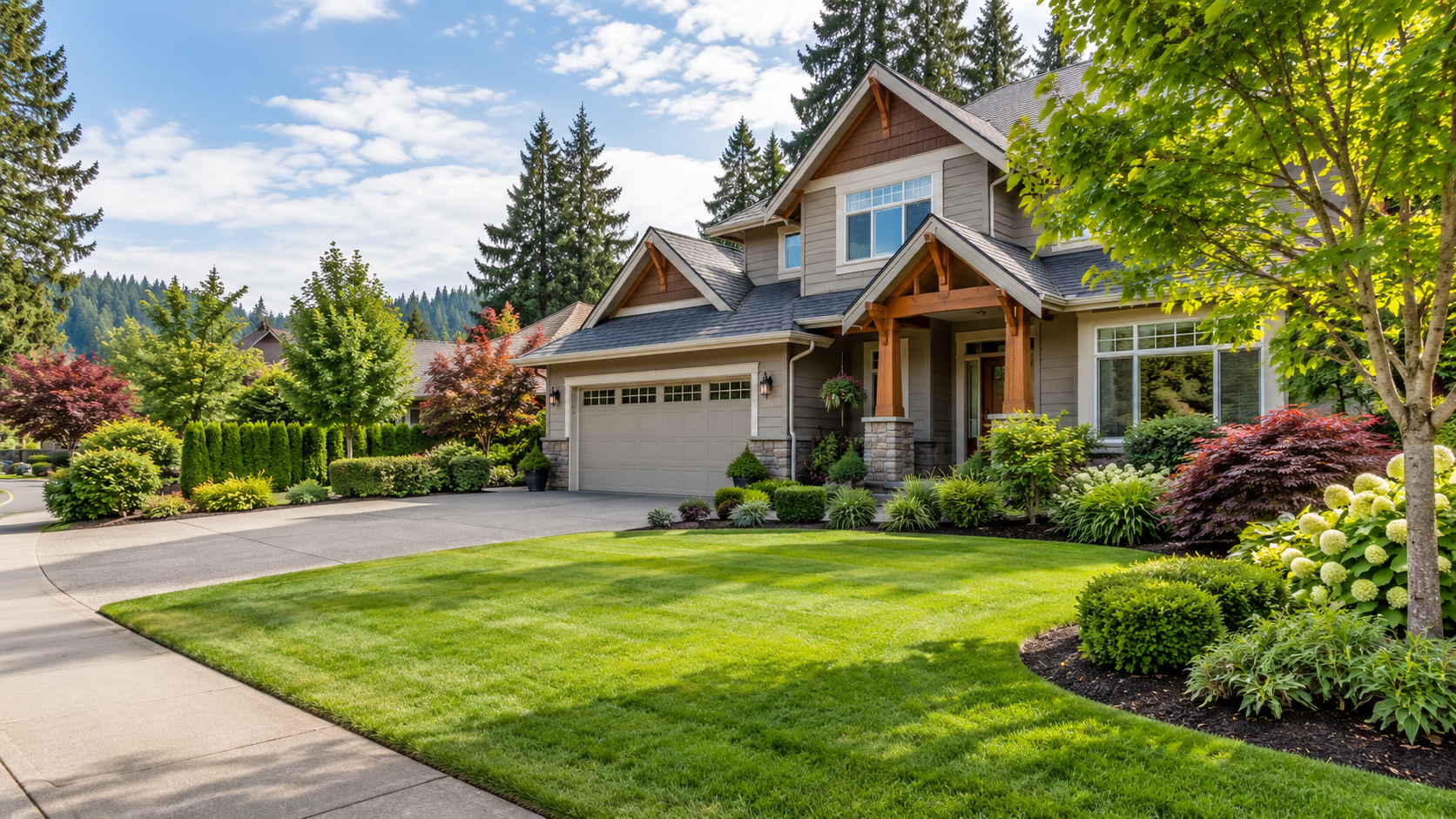 Craftsman-style home with a broad lawn and layered garden beds